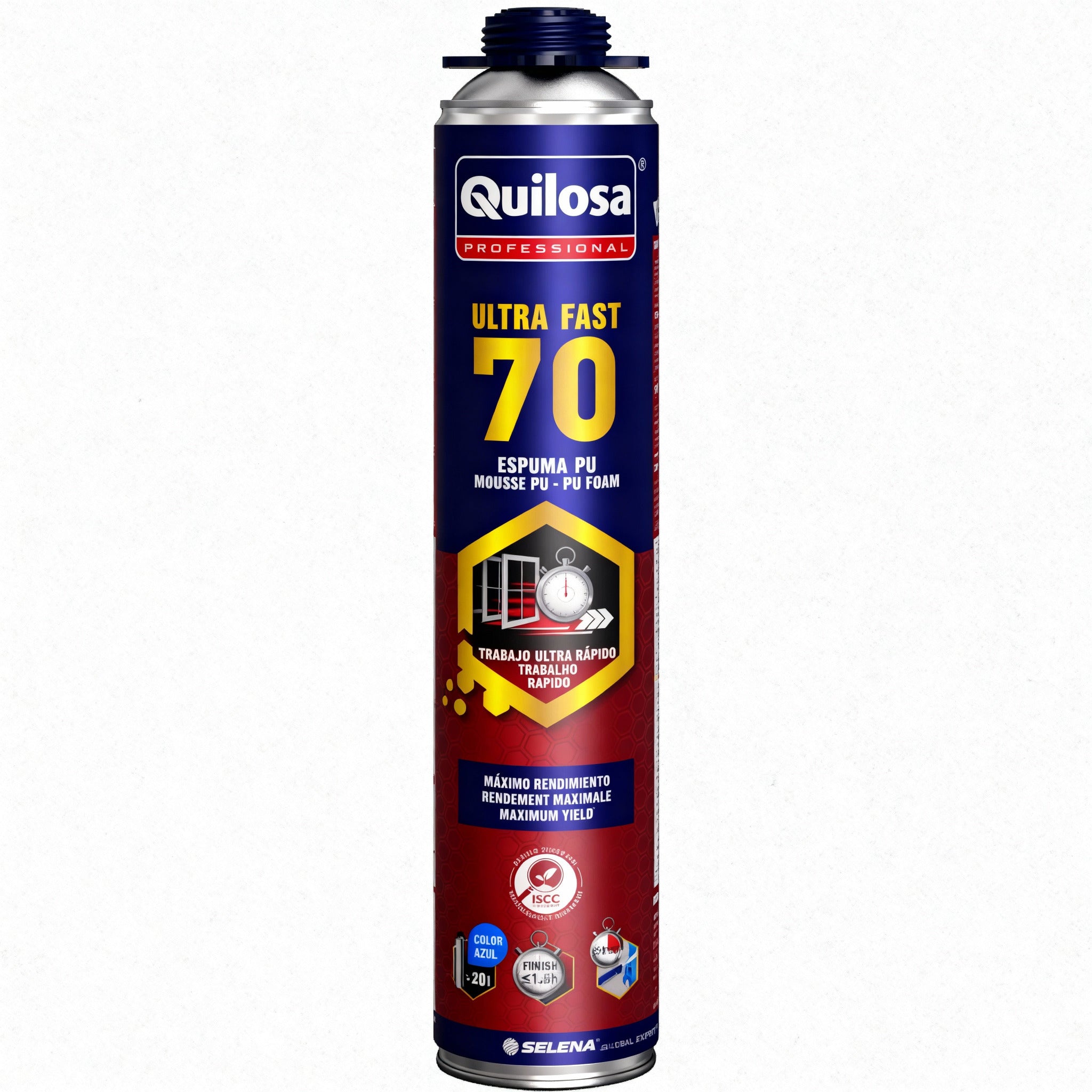 Bote de Espuma PU Quilosa Ultra Fast 70 de 870ml color azul, con indicación de secado rápido y aislamiento acústico para instalación de ventanas.
