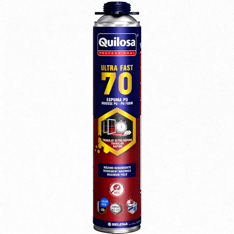 Bote de Espuma PU Quilosa Ultra Fast 70 de 870ml color azul, con indicación de secado rápido y aislamiento acústico para instalación de ventanas.