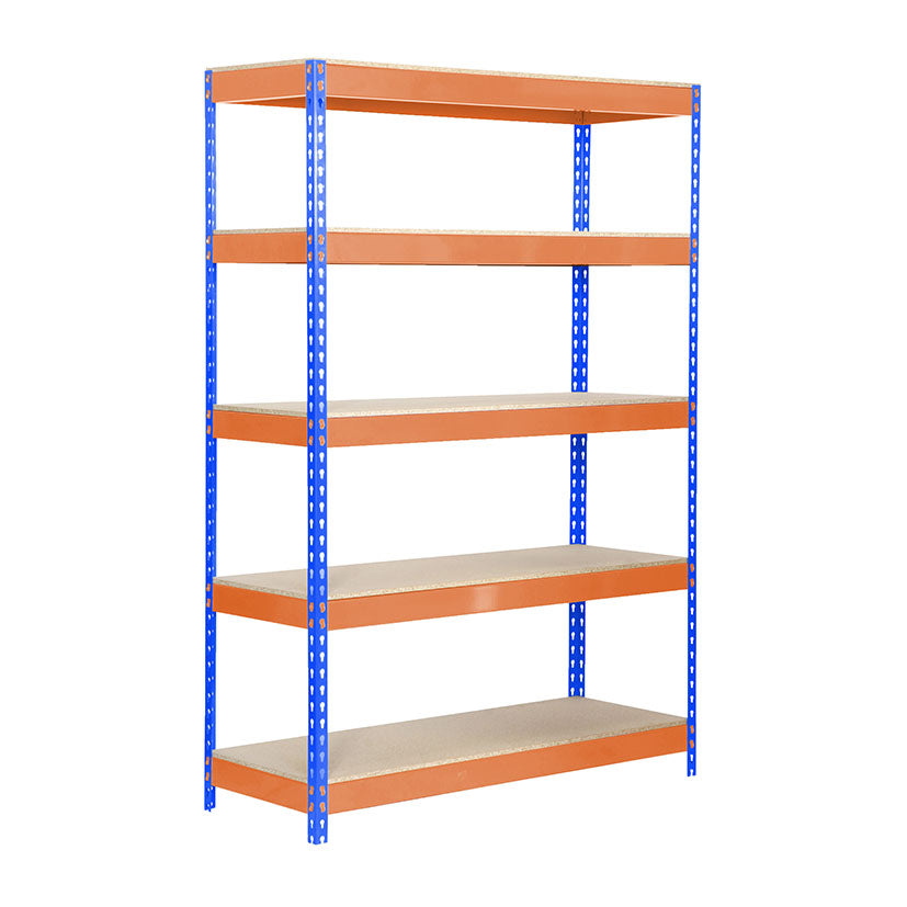 Estantería industrial SimonRack Bricoforte 1206-5 en azul y naranja con 5 estantes de madera.