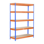 Estantería industrial SimonRack Bricoforte 1206-5 en azul y naranja con 5 estantes de madera.