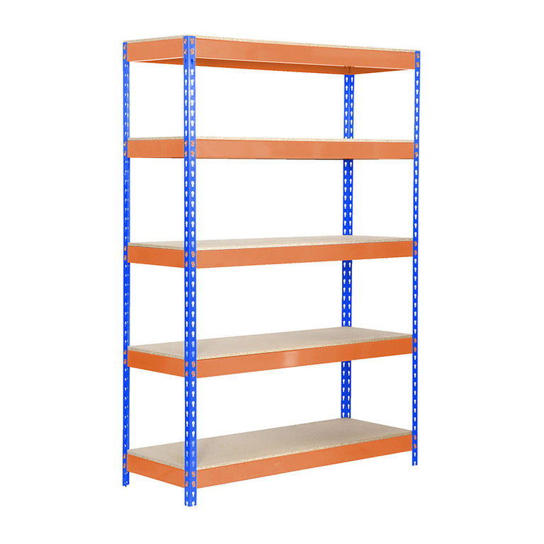 Estantería industrial SimonRack Bricoforte 1206-5 en azul y naranja con 5 estantes de madera.