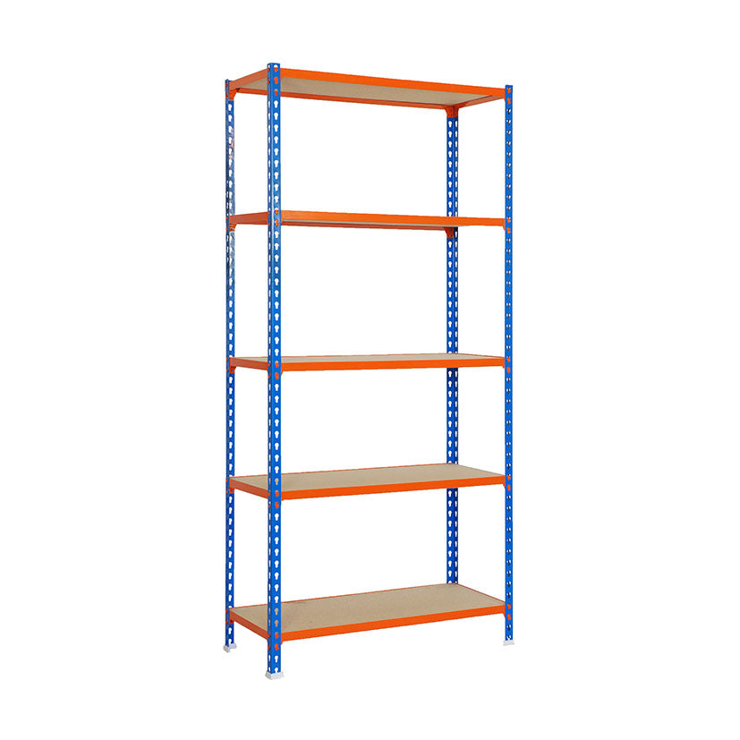 Estantería metálica Maderclick Megaplus con 5 estantes de madera y capacidad de 1000kg de carga total.