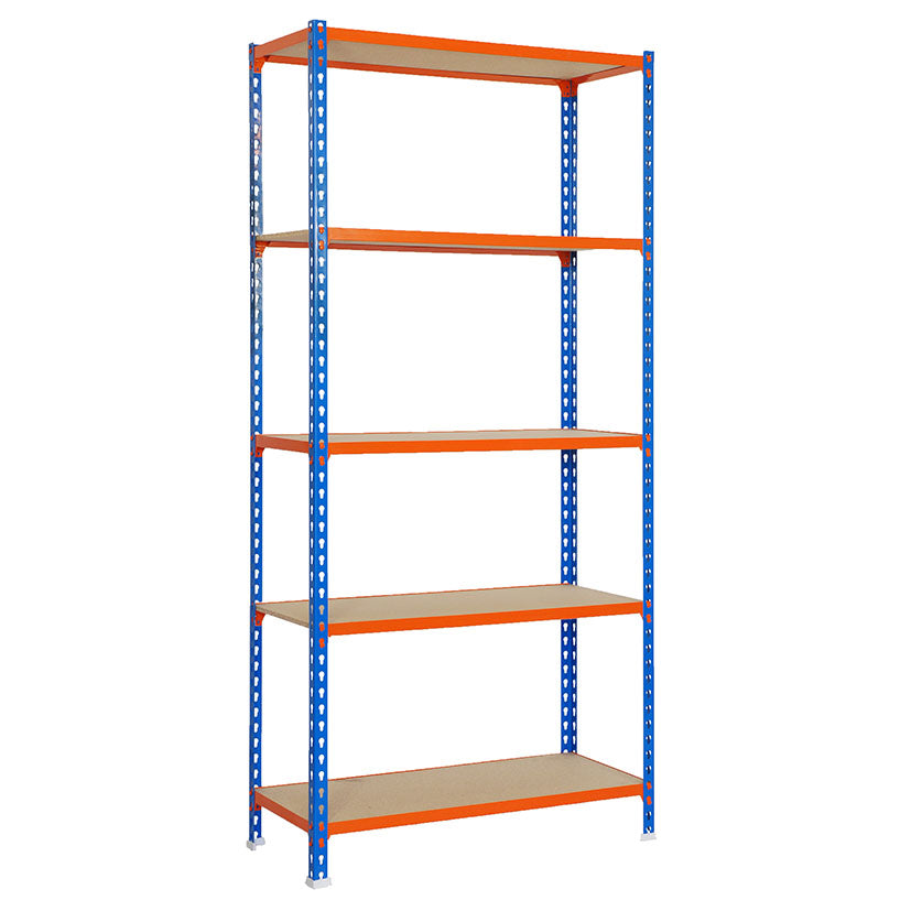 Vista frontal completa de la Estantería Maderclick Plus montada, mostrando sus 5 niveles de madera y estructura azul/naranja.