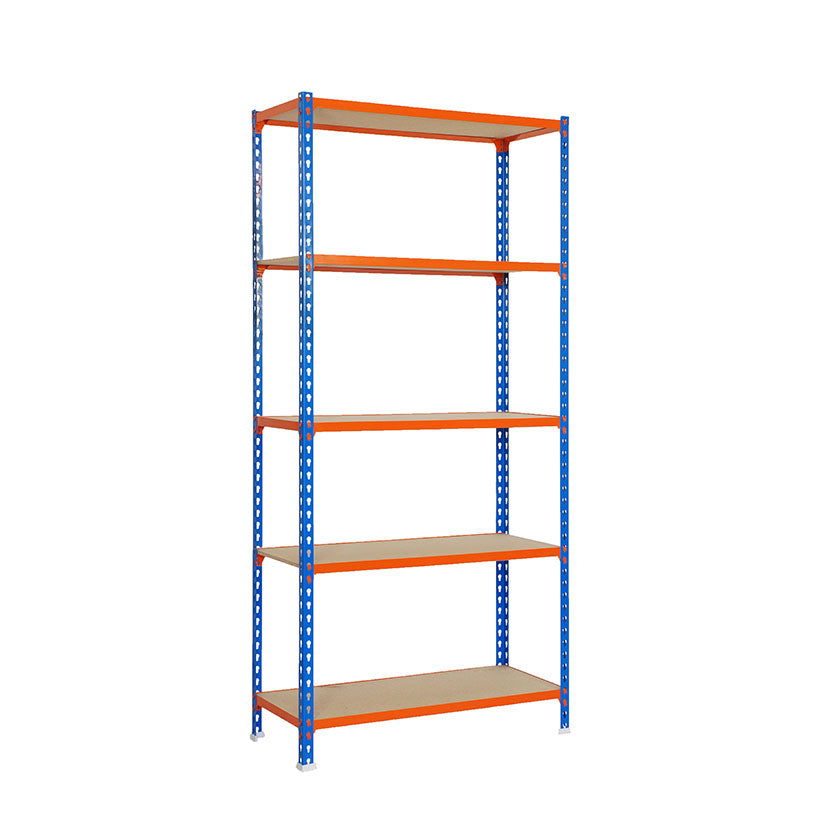 Estantería metálica Simonrack Maderclick 5/500 de 5 estantes en azul y naranja.