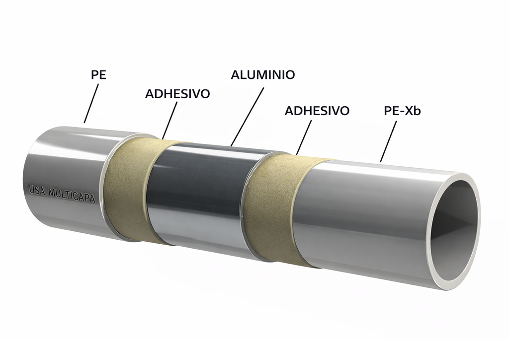 Esquema técnico de las 5 capas del tubo PEX-AL-PE con núcleo de aluminio soldado.