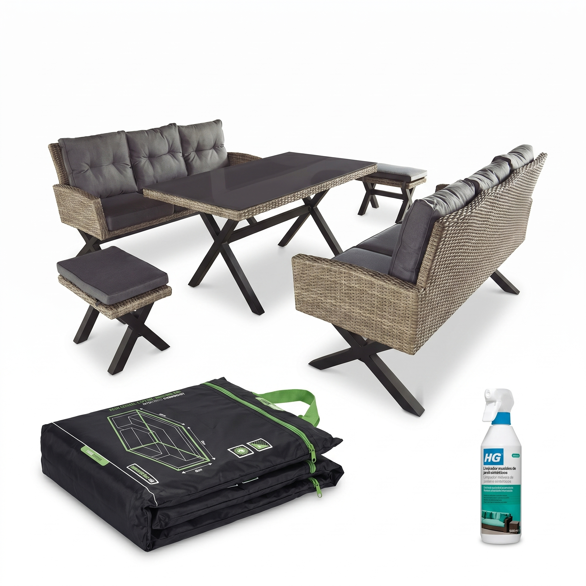 Pack Salón Exterior · Ratán Sintético 2 Sofás + 2 Pufs + Mesa + Funda + Kit