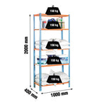 Infografía técnica detallando las dimensiones de 200x100x40cm y la carga máxima de 150kg por estante de la Maderclick Plus.