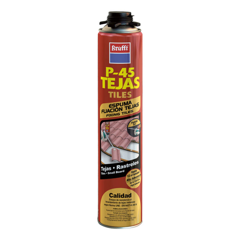 Bote de espuma adhesiva Krafft P-45 para fijación de tejas con pistola, resistente al viento y temperatura.