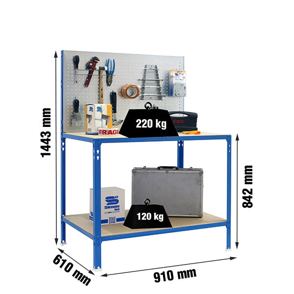 Diagrama de capacidad de carga del banco de trabajo: 220kg arriba y 120kg abajo.
