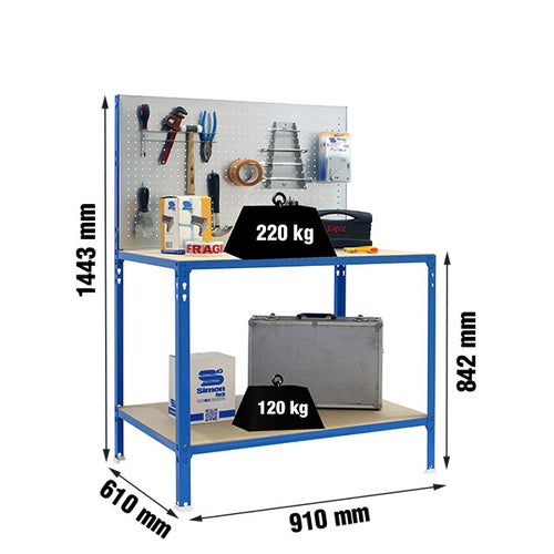 Diagrama de capacidad de carga del banco de trabajo: 220kg arriba y 120kg abajo.