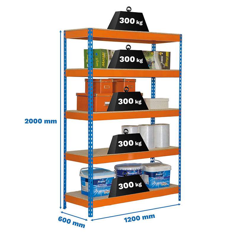 Detalle de bandeja de aglomerado soportando carga pesada en estantería Bricoforte.